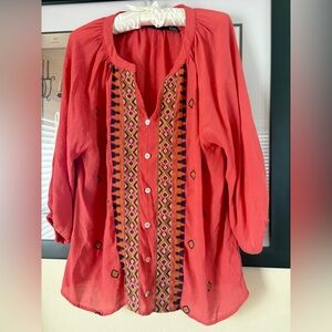 Liv Los Angeles peasant type embroidered blouse. 3/4 sleeves. Size large